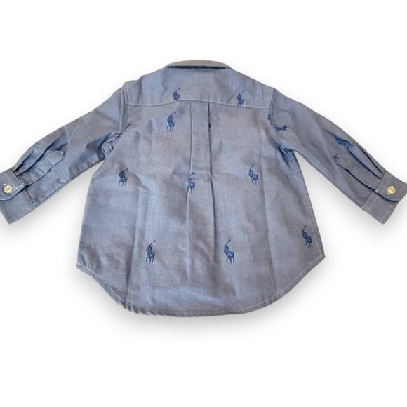 Polo Ralph Lauren Chambray Blue Baby Shirt Allover Pony Logo Long Sleeve, 6M NWT - Picture 4 of 14